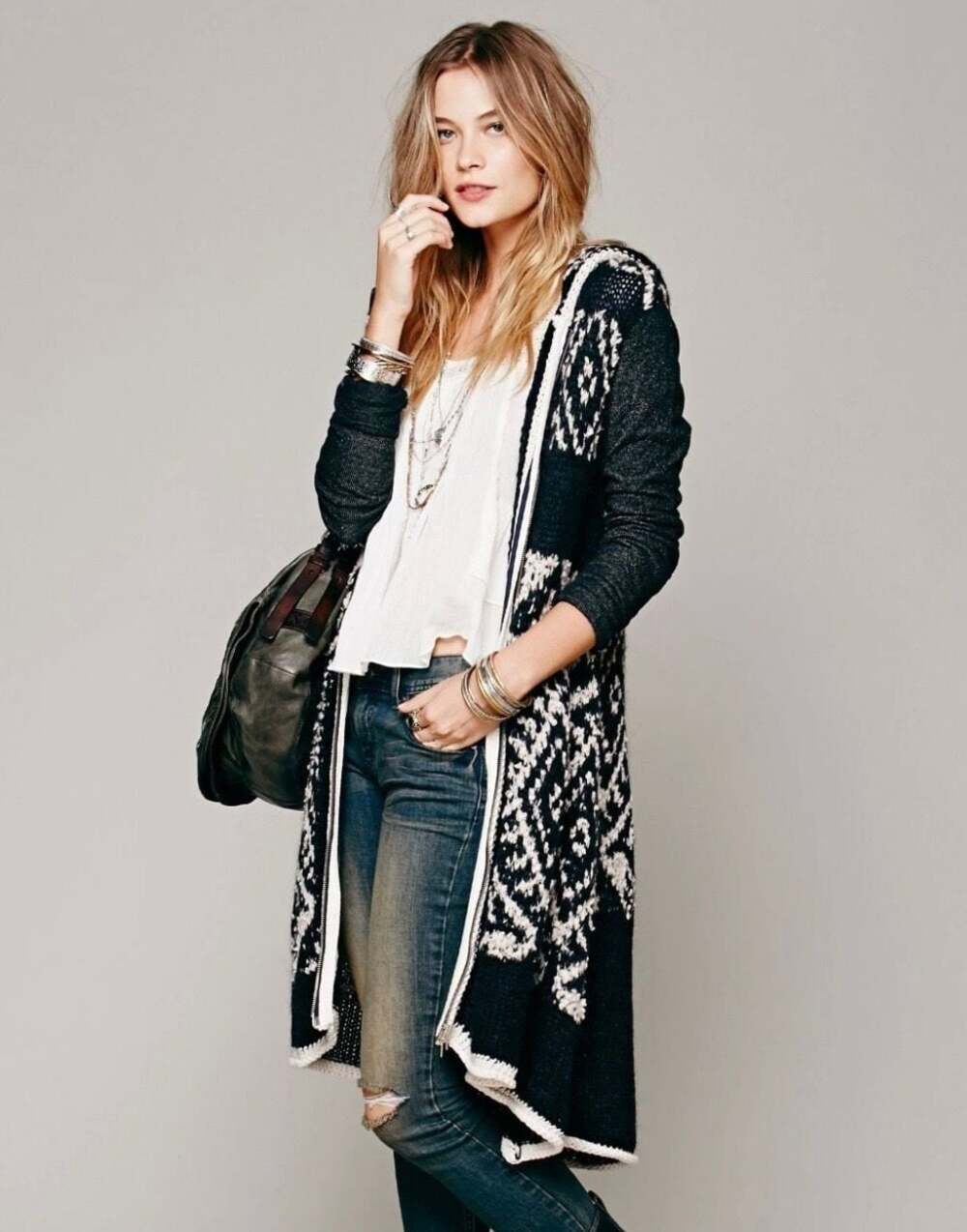 Free People Black and White Hooded Knit Cardigan Coat